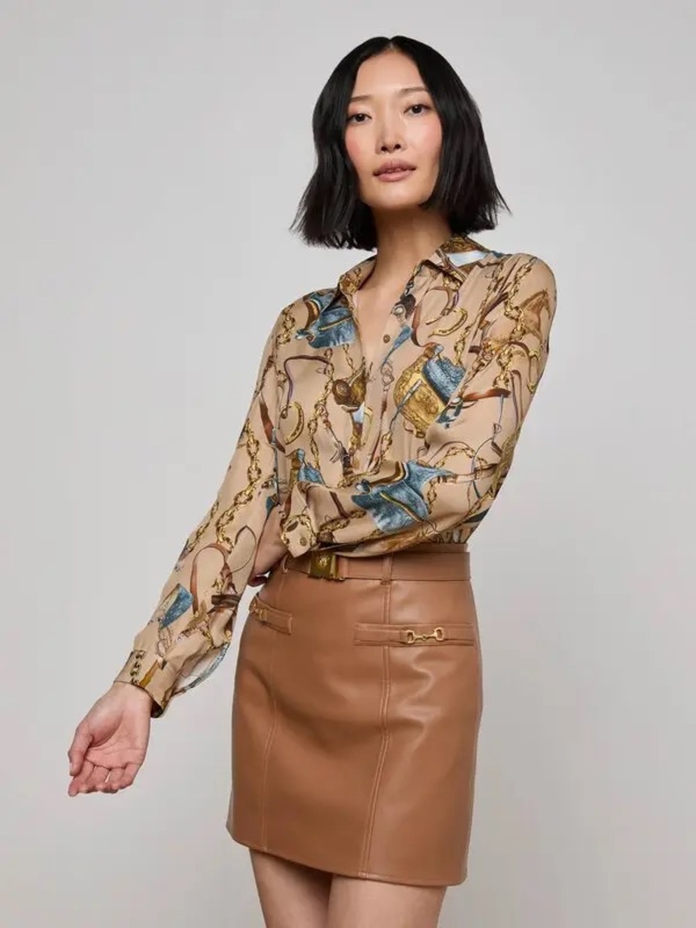 NWT L'AGENCE Nina Silk Blouse in Dark Cappuccino Multi Equestrian Saddle
